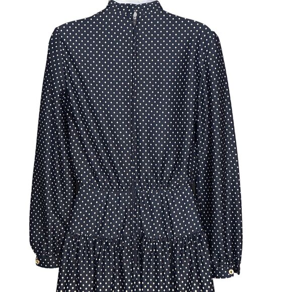 Vintage 70s R&K Knits Midi Dress Navy Blue Retro Scarf Neck Long Sleeve Sz Small - Picture 9 of 10